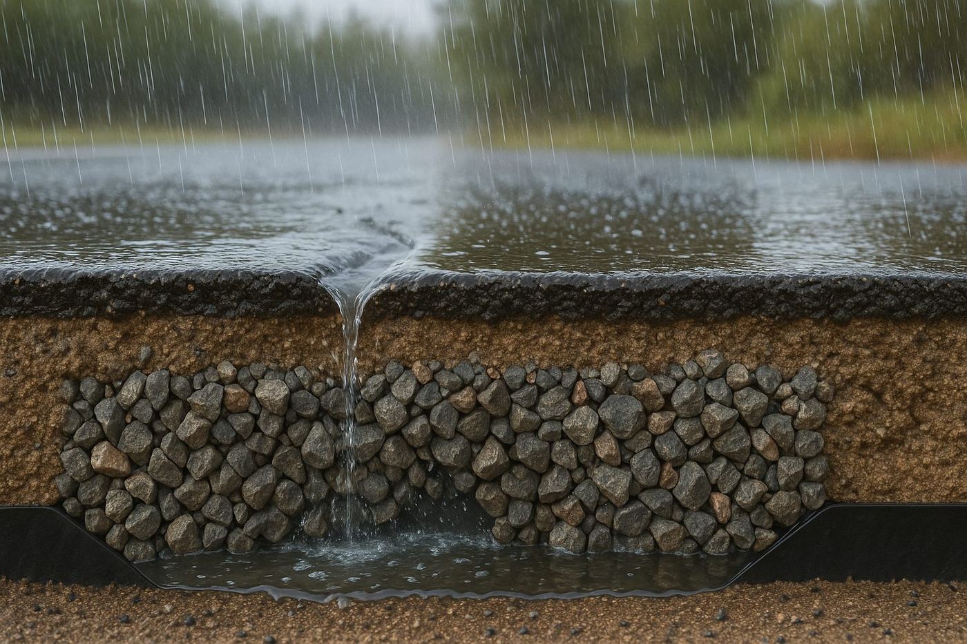 Rain draining through a gravel course into the lined profile
