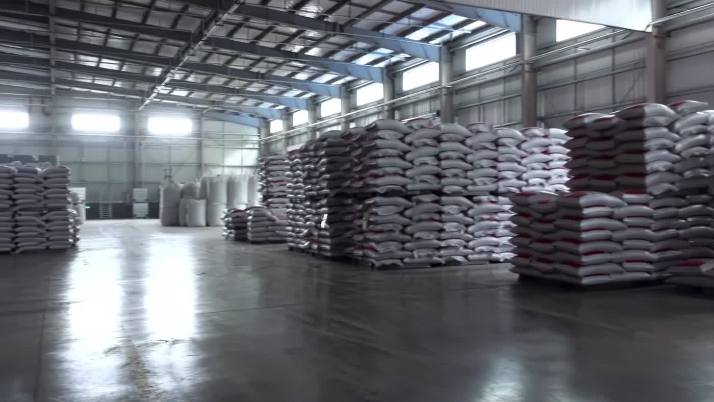 Bagged goods stacked in a supply warehouse