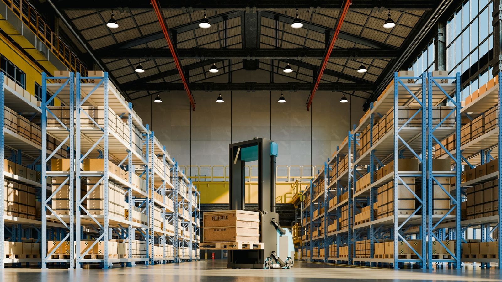 Racked pallets in a distribution warehouse