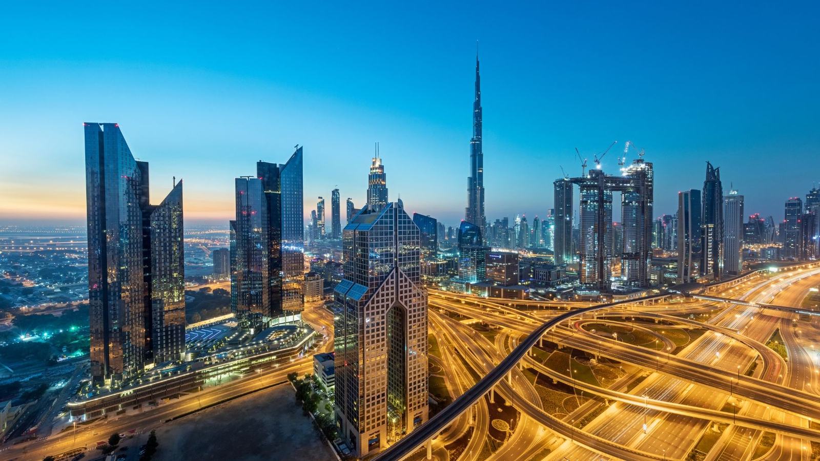 Dubai at dusk, Sheikh Zayed Road running through the skyline