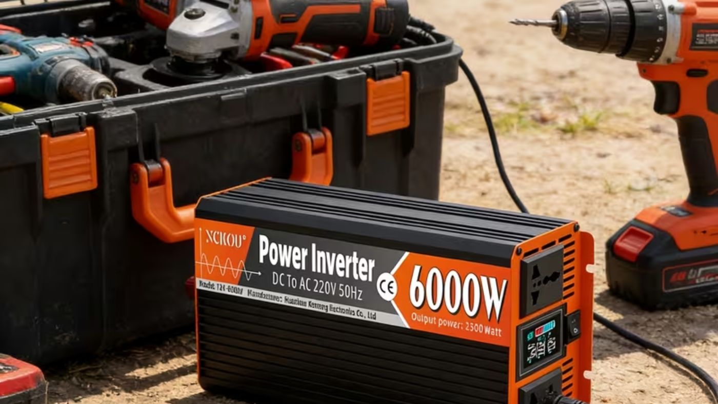 Power inverter beside cordless tools in a site case